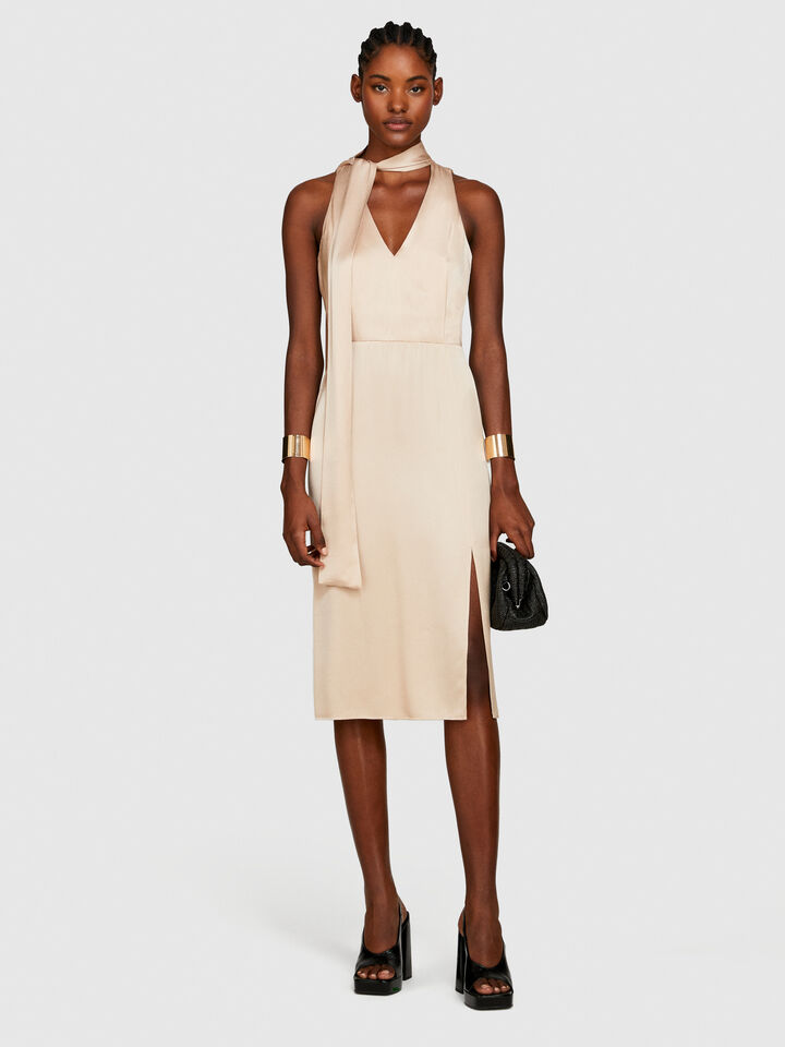 Satin dress with scarf - women's midi dresses - Nude | Sisley image number 1